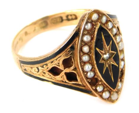 A Victorian 18ct gold rose cut diamond and seed pearl black enamel memorial ring, with a diamond shaped shield, and central s