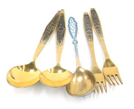 Imperial Russian and Soviet era silver flatware, comprising a pair of Soviet era silver gilt and niello forks and spoons with
