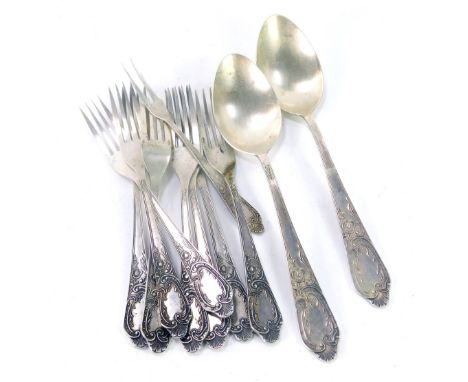 A group of Soviet era silver flatware, with embossed floral and foliate scroll decoration, vacant shield terminal, comprising