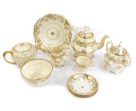 An early 19thC Staffordshire porcelain part tea service, comprising teapot, milk jug, slop bowl, cake plate, sucrier teacup, 