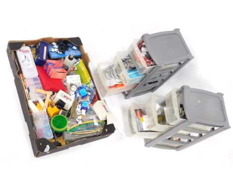 A group of modelling tools and kit, to include air brush cleaner, geometry sets, pipes, parts, etc. (1 box and 2 draw units) 