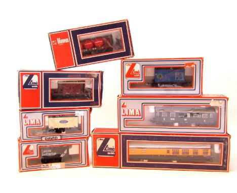 Lima OO gauge rolling stock, including Lucas Batteries wagon, Watney's Beer flat wagon, brake car, etc. (7) 