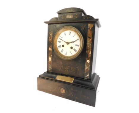 A Victorian slate and marble mantel clock, circular enamel dial bearing Roman numerals, eight day movement with bell strike, 