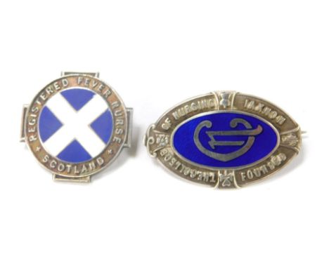 Two silver and enamel brooches, comprising a Scotland Registered Fever Nurse enamel badge, inscribed J Sutherland E5076, and 