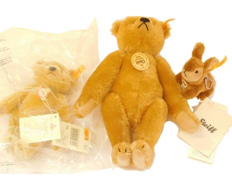 A Steiff classic Richard Steiff mohair teddy bear, Steiff Patsy, and a Steiff rabbit keyring. (3) 