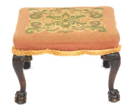 A Chippendale style mahogany stool, with cabriole legs, ball and claw feet, and wool work top, 58cm x 42cm. 