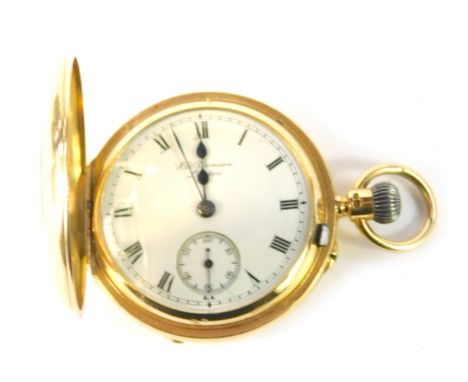 A J W Benson 18ct gold half hunter pocket watch, the gold casing with blue enamel numeric border, opening to reveal a white e