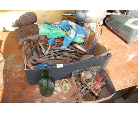 A quantity of tools, drill bits, hedgehog boot scrubber etc.