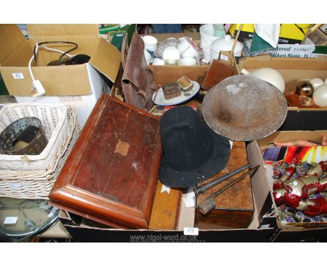 Three wooden boxes, military tin helmet, Welsh hat, bayonet, etc.