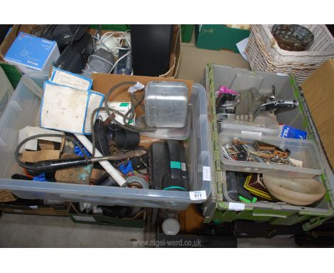 Two boxes of miscellanea to include; nails, drill bits, torch, soldering gun, etc.