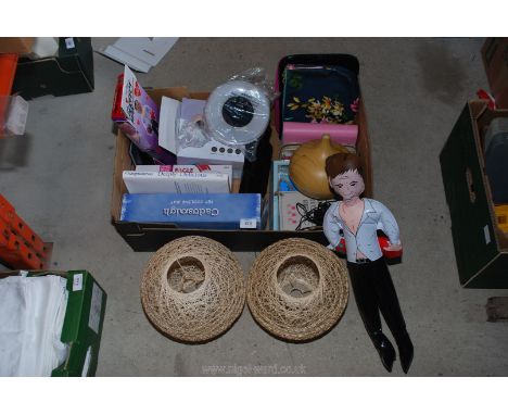 A quantity of miscellanea including Weight Watchers cookbook, sun clock, lamp shades etc.