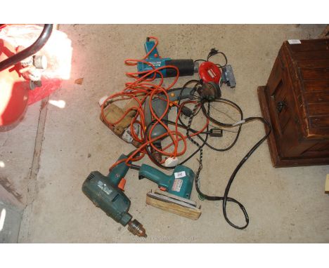 A quantity of Black &amp; Decker electrical tools - small drill, two more drills, sander, Tooltech drill, (all working at tim