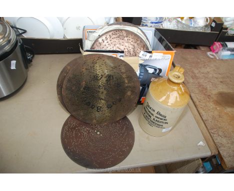 A quantity of Polyphon discs and a 'Dakin Bros' stoneware flagon.
