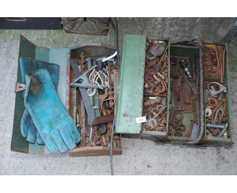 A cantilever metal toolbox, spanners, set square and tray of tools.
