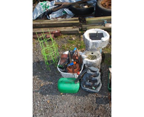 Two water features, plastic tray of tools, gas cylinder, etc.