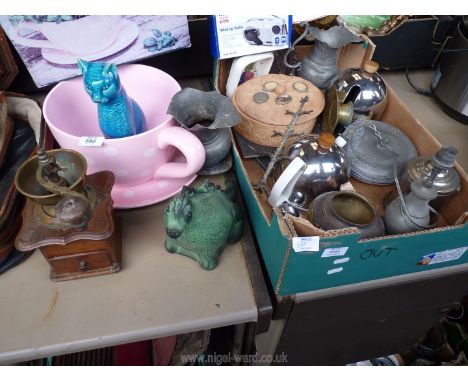 A large tea cup and saucer planter, blue china cat, brass and wood coffee grinder, pewter ware etc.