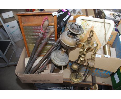 A glass and wooden wash board, 5 garden sprayers, blow lamp, companion set, oil lamp, tray etc.