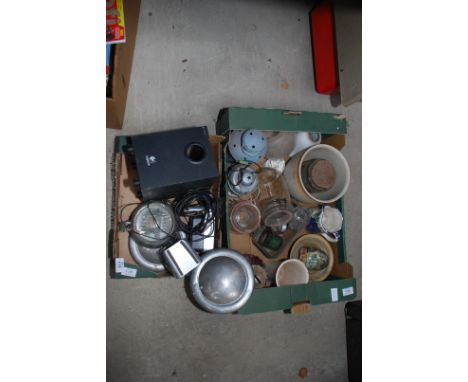Two boxes to include; storage jars, mini hub caps, tea light holders, speakers, etc.