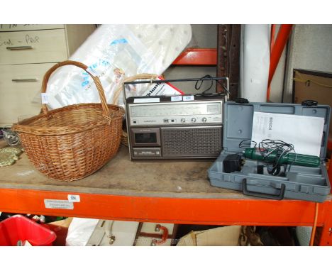 A Grundig Radio (working, but cassette player faulty), wicker basket and Bosch rechargeable screwdriver.