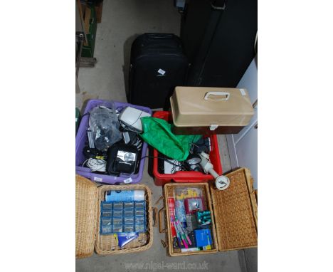 Four boxes to include; desk light, computer speakers, crafting equipment, small travel case, extension leads, etc.