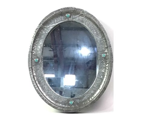 PAIR OF ARTS & CRAFTS STYLE PEWTER WALL MIRRORS, each oval with turquoise ceramic roundelseach 34.5cm x 28cm Qty: 2