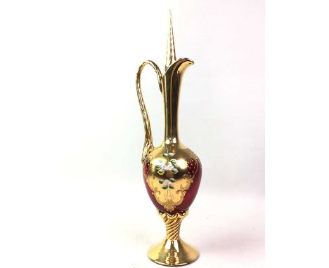 MURANO RUBY GLASS PITCHER AND WINE GLASS SET, comprising a claret jug, six glasses and six coupes, gilded in enamelled decora