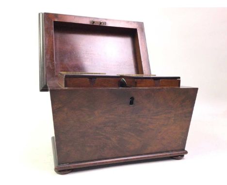 VICTORIAN MAHOGANY TEA CADDY, LATE 19TH CENTURY  sarcophagus shaped with hinged lid and twin interior containers26cm wide 