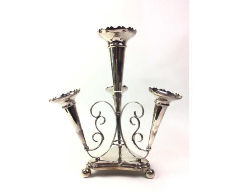 COLLECTION OF SILVER PLATED WARES, including tea service, epergne, ice bucket, wine cooler, salt dishes and a galleried tray