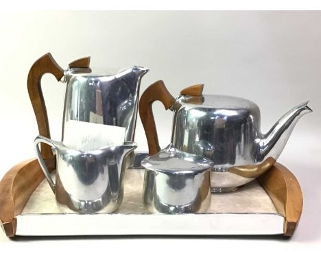 PICQUOT WARE FOUR PIECE TEA AND COFFEE SERVICE, on rectangular tray