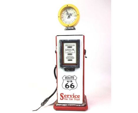 VINTAGE STYLE BUSH RADIO, ALONG WITH A NOVELTY CLOCK the clock modelled as a Route 66 gasoline pumpthe clock 53cm high Qty: 2