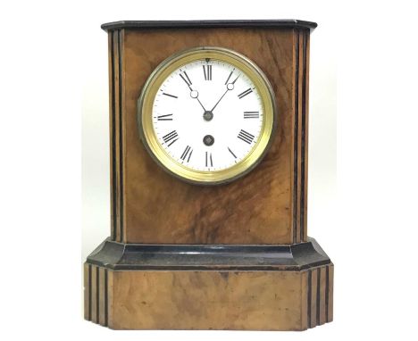 EARLY 20TH CENTURY WALNUT EBONISED MANTEL CLOCK, AND THREE OTHER CLOCKS  with white enamel dial and Roman numerals, along wit