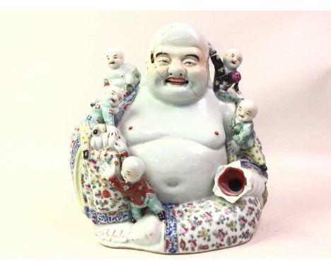 CHINESE CERAMIC LAUGHING BUDDHA, the Buddha seated with children28CM HIGH