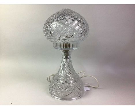 CUT GLASS TABLE LAMP, with mushroom shaped shade 41cm high