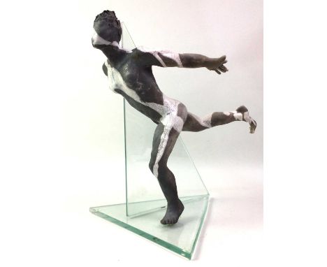 CONTEMPORARY SCULPTURE, the partial glazed ceramic figure on a clear triangular stand38cm high Sculpture is in good condition
