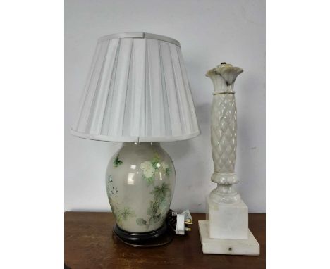 GROUP OF TABLE LAMPS, including a Chinese style lamp decorated with birds and flowers, with two shades