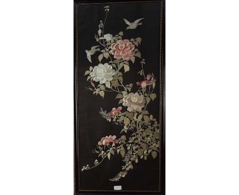 CHINESE EMBROIDERED SILK PICTURE, AND TWO FURTHER ASIAN EMBROIDERED PICTURES the Chinese picture depicting two figures in a g