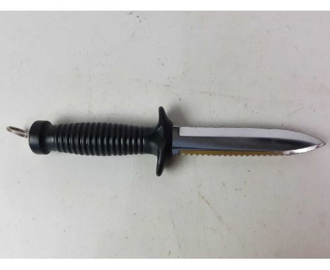 FAIRBAIRN SYKES DAGGER, with adapted drilled grip, in leather scabbard, also a modern diver's knifeQty: 2
