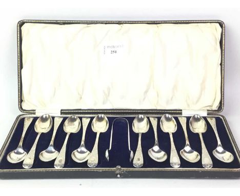 SET OF TWELVE SILVER TEASPOONS AD TONGS, AND OTHER SILVER AND PLATED ITEMS  the teaspoons and tongs in fitted case, also othe