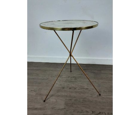 MID CENTURY CIRCULAR SIDE TABLE, with compass decorated top, on gilt painted tripod base59cm high, 39cm diameter
