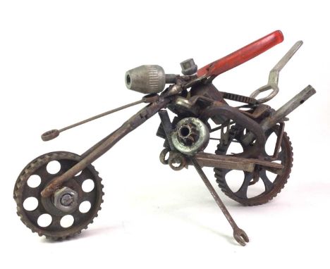 CONTEMPORARY MODEL OF A MOTORCYCLE, scratch built from tools and parts, along with further items including a Corinthian colum