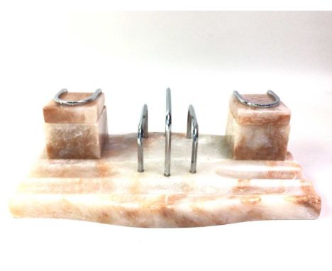 ART DECO MARBLE DESK INKSTAND, EARLY / MID 20TH CENTURY chrome finished, with twin inkwells, each with ceramic liner30.5cm wi