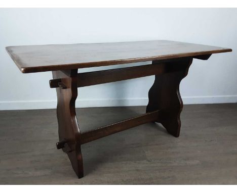 OAK ERCOL DINING TABLE AND SIX CHAIRS, the chairs with carved backstable 74cm x 137cmQty: 7