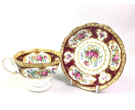 LADY HAMILTON TEA SERVICE, with crimson borders, including cups, saucers, cream and biscuit plate