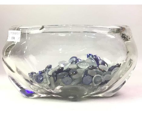 ART GLASS BOWL, AND OTHER GLASS WARE including an oval comport containing glass stones, ruby glass circular dish and cut glas