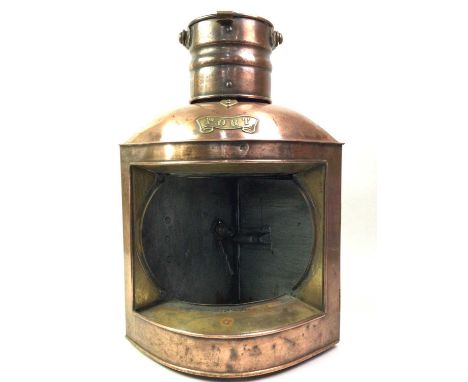 LARGE SHIPS COPPER LANTERN, bearing Port label to front, with bass fixtures47cm high