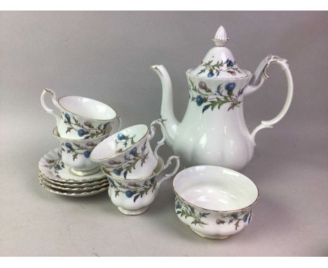 ROYAL ALBERT BRIGADOON PART TEA SERVICE, including teapot, coffee pot, sugar, cream, plates, saucers and cupsthe teapot 26cm 