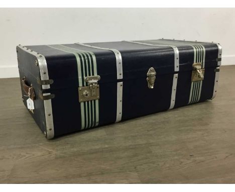 VINTAGE TRAVEL TRUNK, MID/LATE 20TH CENTURY in navy blue, with white metal fixtures92cm wide