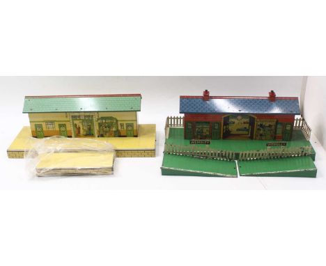 Two Hornby 0-gauge stations: 1936-7 No.2, ‘Wembley,’ opening doors, green platform, red brick platform, blue tiled roof, name