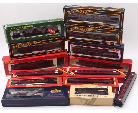One tray containing 00 gauge maroon coaches by various manufacturers to include a Dapol stove van, made for the Hornby magazi