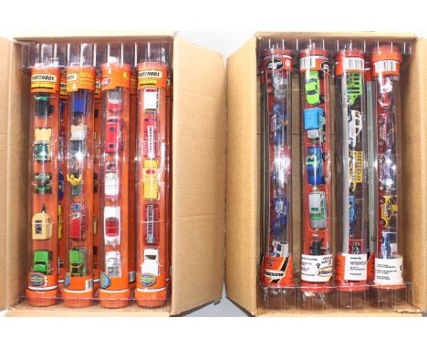 Two original Matchbox Mattel trade boxes containing 16 5-piece gift set tubes, all housed in original plastic packaging, vari
